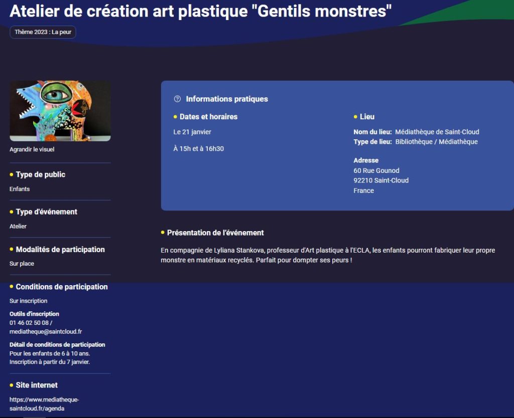 Atelier de création art plastique Gentils monstres à Saint-Cloud