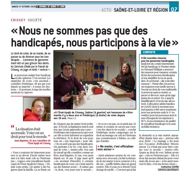 L'ESAT de Crissey dans le Journal de la Saone et Loire pour parler de droit de vote